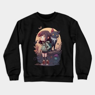 Angry Girl & Cat Kawaii Anime Black Cat Lover Halloween Crewneck Sweatshirt